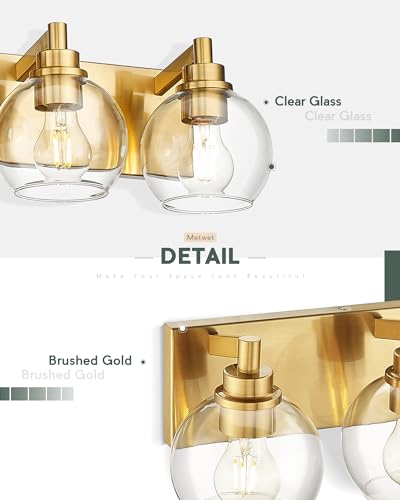 Bathroom Light Fixtures, 2 Light Brushed Gold Vanity Light, Modern Wall Sconces with Clear Glass Globe Shade, Bathroom Wall Lights Over Mirror Kitchen Bedroom Hallway, VL195-GD-2 | 15" modern bathroom light fixtures over mirror, E26 base, bulbs not includ