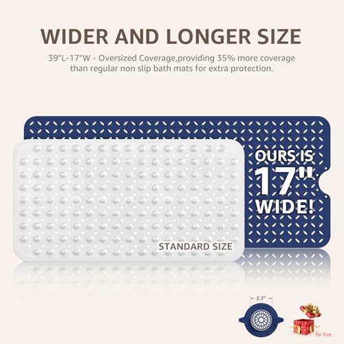OTHWAY Bath Mat for Tub Non Slip: 39" X 17" Long Bathtub Mat with Hair Catcher│Big Drain Holes Shower Mats for Inside Shower│Machine Washable (Navy Blue) - color: Navy Blue