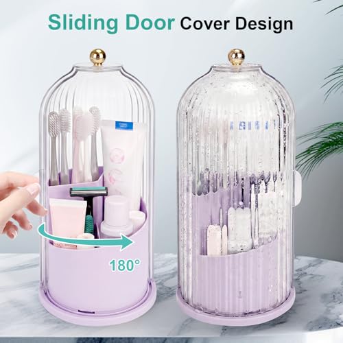 QIYVLOS Toothbrush Holders with Sliding Lid, Rotating 3 Slots Bathroom Organizer Countertop, Tooth Brush Toothpaste Holder Bathroom Counter Stand Sink Organizer for Makeup Brushes Holder (Purple) - color: Purple+transparent