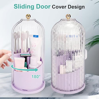 QIYVLOS Toothbrush Holders with Sliding Lid, Rotating 3 Slots Bathroom Organizer Countertop, Tooth Brush Toothpaste Holder Bathroom Counter Stand Sink Organizer for Makeup Brushes Holder (Purple) - color: Purple+transparent