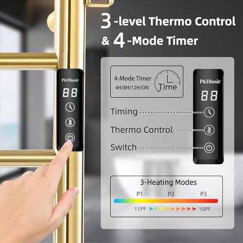 P&Dlusir EL13 Heated Towel Rack, Brushed Gold, 5 Bar | Fast Heat in 2 Min, Smart Timer, Thermo Control, Memory Functoion, Stainless Steel, Hard-Wired/Plug-in - color: Brushed Gold, size: 21.65"W x 17.72"H