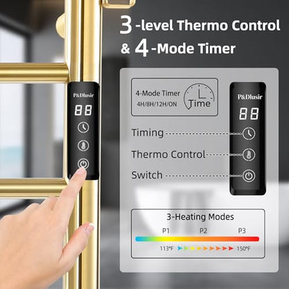 P&Dlusir EL13 Heated Towel Rack, Brushed Gold, 5 Bar | Fast Heat in 2 Min, Smart Timer, Thermo Control, Memory Functoion, Stainless Steel, Hard-Wired/Plug-in - color: Brushed Gold, size: 21.65"W x 17.72"H