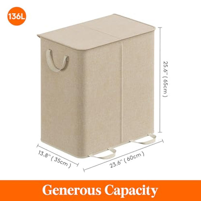 Lifewit Double Laundry Hamper with Lid and Removable Laundry Bags, Large Collapsible 2 Dividers Dirty Clothes Basket with Handles for Bedroom Laundry Room Closet Bathroom College, 136L Beige - color: Beige, size: 136L