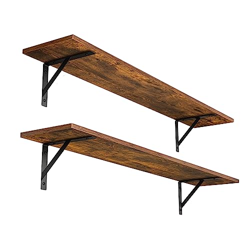 Long Wall Shelves, 39.4 Inch Wall Mounted Shelves with Brackets | Floating Book Shelf, Set of 2, Easy Assembly, Max Load 33lbs, Wall Storage Ledges, Living Room/Bathroom/Bedroom, Rustic Brown - color: Rustic Brown, size: 39.4 Inch