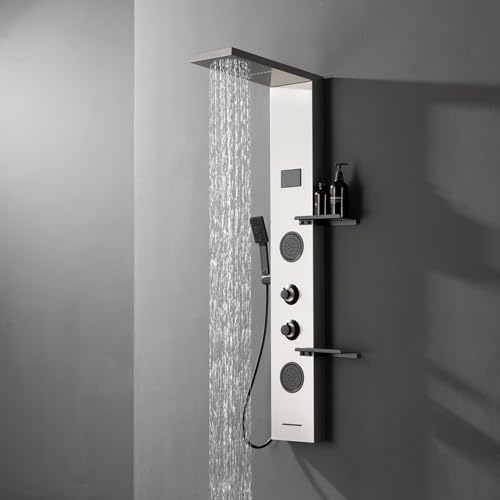 Homevacious 4 In 1 Shower Panel System with Shelf Brushed Nickel | LED Rain Shower Head Adjustable Massage Body Jets 3 Functions Handheld Head Tub Spout Stainless Steel - color: Brushed Nickel and Black, style: LED Shower Panel