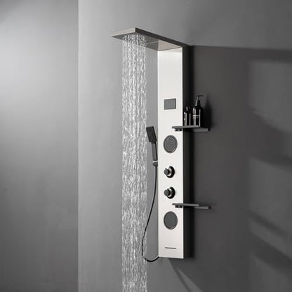 Homevacious 4 In 1 Shower Panel System with Shelf Brushed Nickel | LED Rain Shower Head Adjustable Massage Body Jets 3 Functions Handheld Head Tub Spout Stainless Steel - color: Brushed Nickel and Black, style: LED Shower Panel