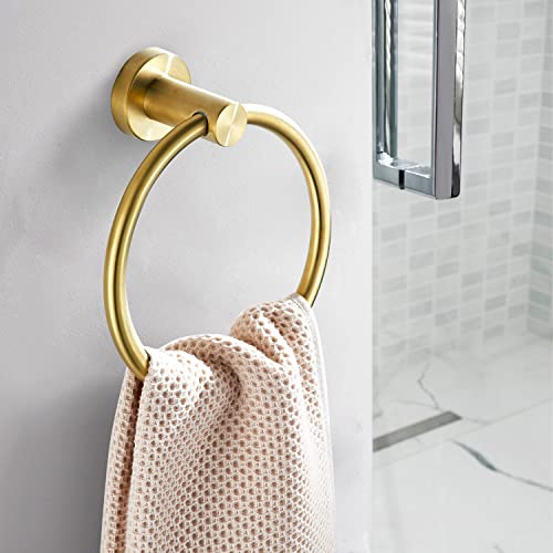 BATHSIR Brushed Gold Toilet Paper Holder & Hand Towel Holder Wall Mount 2 Pieces, Single Post Pivoting Round Modern Bathroom Hardware Towel Ring Toilet Tissue Holder, Bathroom Accessories Set - color: Gold 3