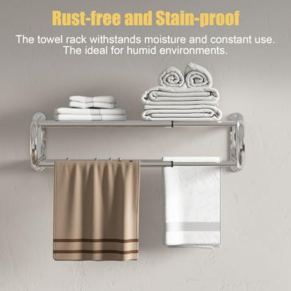 Adjustable Bathroom Towel Rack with Shelf, Towel Bar, Chrome | 15-25 Inch Lavatory Double Towel Bar, Hotel Style Rod with 4 Hooks, Multifunction Towel Holder Wall Mount, Stainless Steel - color: Chrome