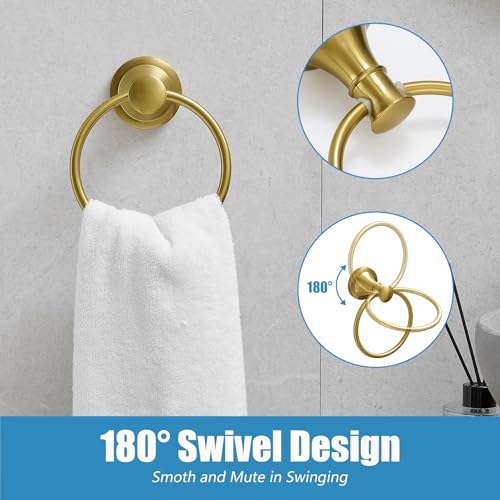 RUMOSE Pivoting Toilet Paper Holder and Hand Towel Ring, Brushed Gold | Wall Mount, Bathroom Hardware Accessories 2 PCS Set, Toilet Tissue Roll Holder & Towel Hanger, Rustproof, Stainless Steel - color: Brushed Gold