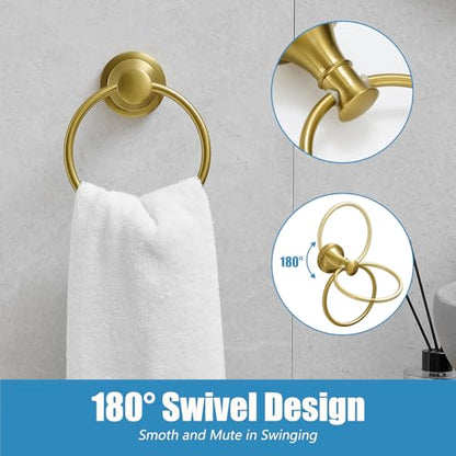 RUMOSE Pivoting Toilet Paper Holder and Hand Towel Ring, Brushed Gold | Wall Mount, Bathroom Hardware Accessories 2 PCS Set, Toilet Tissue Roll Holder & Towel Hanger, Rustproof, Stainless Steel - color: Brushed Gold