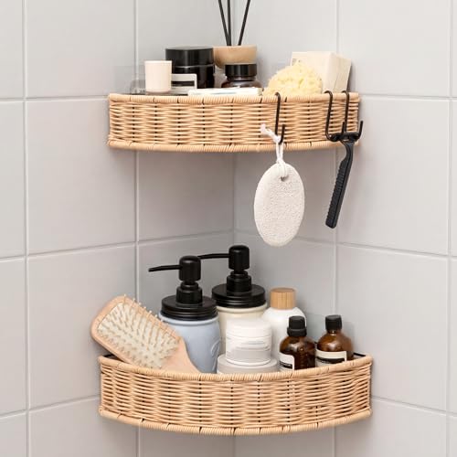 GRANNY SAYS 2 Pack Wicker Corner Shower Caddy Hanging, Shower Shelf for Inside Showers, Adhesive Shelves for Bathroom Organizers and Storage, Bathroom Shelves Wall Mounted for Home Decor, Natural - color: Natural, size: Fan-Shaped