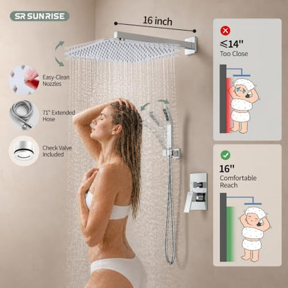 SR SUN RISE Polished Chrome Square Rainfall Shower Head and Handle Set, Wall Mounted Shower Fixtures, Metal Shower Faucet Trim Repair Kits (With Shower Valve) 16 Inches - color: Polished Chrome, size: 16 Inch