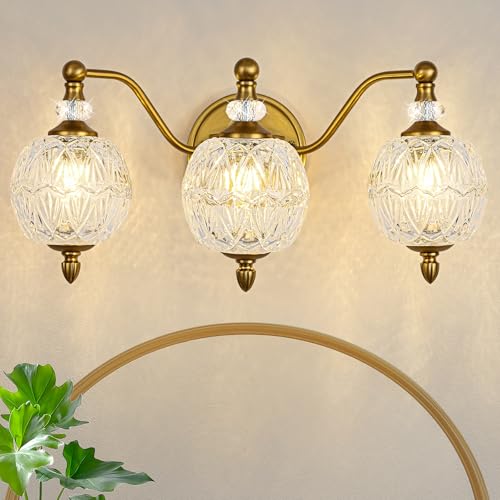 Vintage Bathroom Vanity Light, 3-Light Mid Century Matte Brass Finish Wall Sconce with Globe Glass Shades, Retro Mirror Light for Bathroom, Powder Room - color: Brass, size: 3 Light