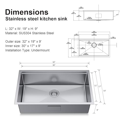 32" Undermount 18 Gauge 304 Stainless Steel Single Bowl Workstation Kitchen Sink with Accessary in 32"Lx19"Wx10"D - size: 32"L x 19"W x 10"D Workstation