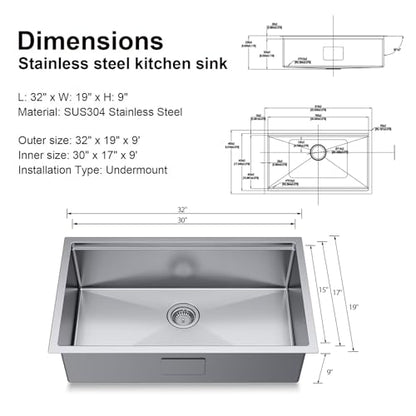 32" Undermount 18 Gauge 304 Stainless Steel Single Bowl Workstation Kitchen Sink with Accessary in 32"Lx19"Wx10"D - size: 32"L x 19"W x 10"D Workstation