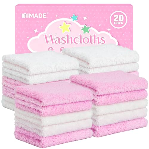 UNIMADE Baby Washcloths, 20 Pack Microfiber Coral Fleece Wash Cloths | Absorbent Baby Towels for Newborns, Infants and Toddlers, Gentle on Sensitive Skin for Face and Body - 7" × 9", White&Pink - color: White&pink, size: 7" x 9"