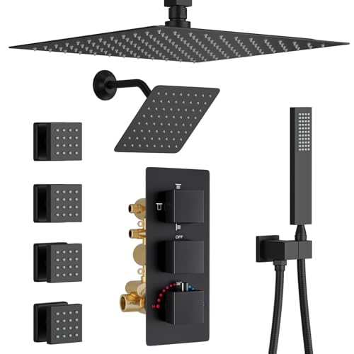 4 Way Thermostatic Shower System Black Shower Faucet Set with 4 Body Jet, Handheld Spray, 12 inch + 8 inch Shower Head - color: Black, size: 12+8" Ceiling Shower
