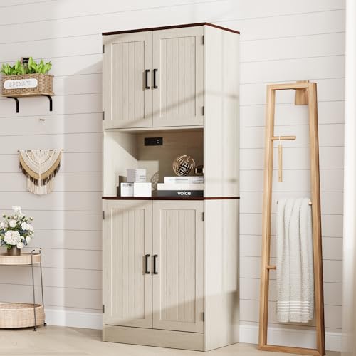 MHOM 71" Tall Pantry Cabinet with Charging Station, Farmhouse Kitchen Hutch with Adjustable Shelves, Modern Kitchen Pantry Storage Cabinet for Dinning Room & Living Room, Antique Oak - color: Oak