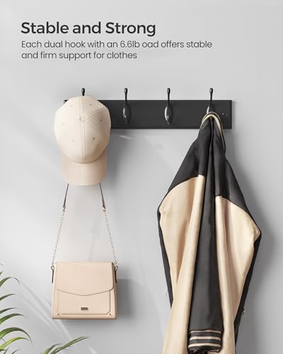 SONGMICS Wall-Mounted Coat Rack, Hook Rack, 4 Dual Metal Hooks, Black | For Coats, Bags, Keys, in the Entryway, Bedroom, Living Room ULHR023B01 - color: Black, size: 1 Pack-4 Hooks