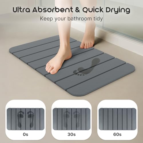 ArtyCozy Large Foldable Stone Bath Mat Non-Slip Rubber Base, 28"×17", Grey | Super Absorbent Quick Drying Diatomaceous Earth Mat for Bathroom, Easy to Store, Easy to Clean