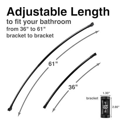 JS Jackson Supplies Single Curved Shower Rod, Metal Construction, Adjustable Between 36 to 61 Inches, Aluminum Rods and Zinc Mounting Hardware, Quality Modern Bathware, Black Finish - color: Black