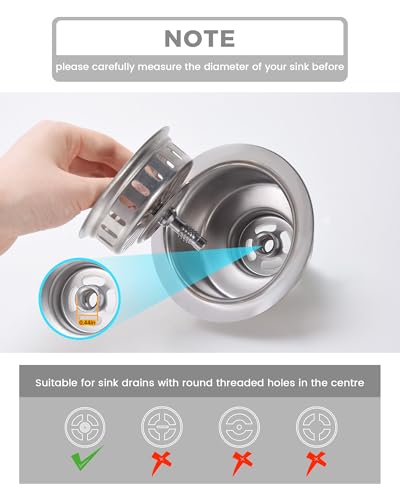 KONE Kitchen Sink Stopper Strainer Replacement for KONE 9171 Standard 3-1/2 Inch Spin and Seal Drains with Threaded Stopper Function, Stainless Steel Twist Lock Basket Strainer Replacement - color: Silver