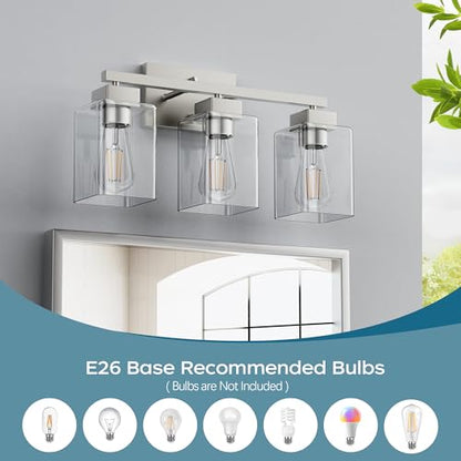 3-Light Bathroom Light Fixtures, Brushed Nickel Modern Vanity Lights, Bathroom Lighting Fixtures Over Mirror, Square Design Farmhouse Wall Sconces with Clear Glass Shades - color: Brushed Nickel, size: 3-Light