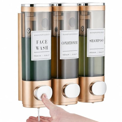 Wall Mounted Shower Soap Dispenser 3 Chamber,No Drill Shower Dispenser | Shampoo and Conditioner Dispenser for Bathroom Hotel Large Capacity, Gold - color: 3gold