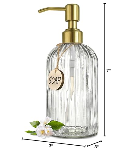 JASAI 18Oz Glass Soap Dispenser with Golden Pump for Kitchen,Refillable Liquid Hand soap Dispenser with Vertical Stripe, Clear Soap Dispenser Bathroom for Hand soap, Dish Soap, Lotion | Refillable Hand Soap Dispenser with Vertical Stripe, Gold Soap Dispen