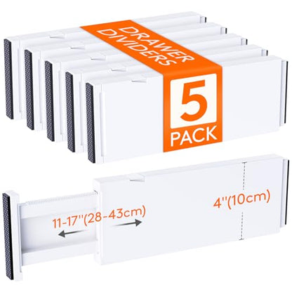 Lifewit 5 Pack Upgrade Drawer Dividers for Clothes, 4" High 11"-17" Adjustable Dresser Drawer Organizers, Expandable White Plastic Drawer Separators for Kitchen, Nursery, Office Organization & Storage | 5 Pack 11"-17" Expandable White Plastic Drawer Separ