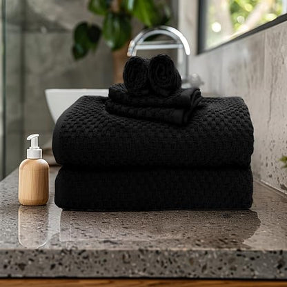 COTTON CRAFT Euro Spa Waffle Weave 6 Piece Towel Set - 100% Cotton - Black | 2 Oversized Luxurious Large Bath Towels, 2 Hand Towels, 2 Washcloths - Soft Plush Super Absorbent Low Lint Quick Dry - color: Black, size: 6 Piece Towel Set