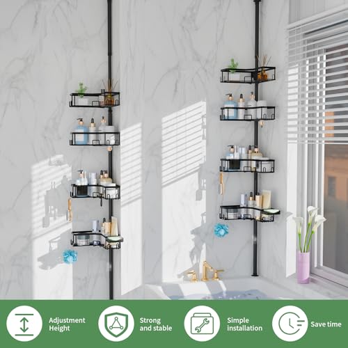 LEEDA Corner Shower Caddy Tension Pole, 4-Tier Adjustable Floor to Ceiling Bathroom Organizer， No-Drill Stand Storage Rack with Soap/Toothbrush Holder for Renters - 34-125 In Black