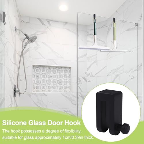 2Pcs Shower Glass Door Hooks, Silicone Towel Hanging Hook No Drilling Frameless Glass Door Scraper Bracket for Bathroom Kitchen(Black) - color: Black