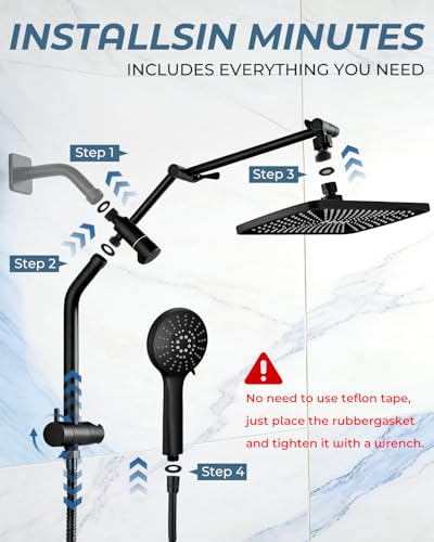 Shower Head with Handheld,High Pressure Black Slide Bar Shower Head | Regaderas Para Shower,11.8" Rectangular,Shower Head,Dual Shower Head,Bathroom Decor,Extension Arm,5 Spray Mode - color: C-Matte Black, style: Rectangular 12"