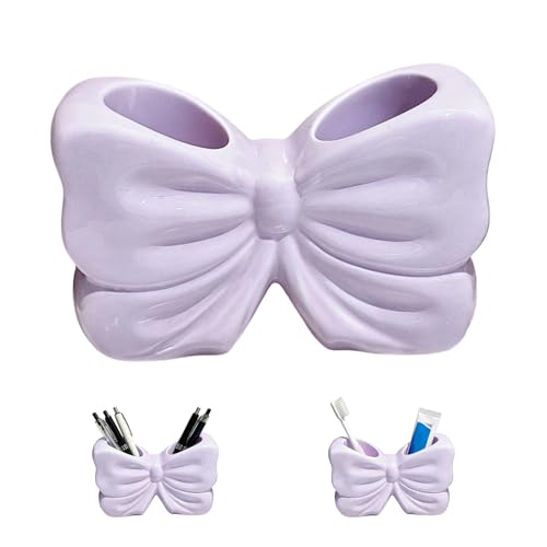 Bow Toothbrush Holder, Cute Ceramic Toothbrush Holder Set, Bow Bathroom Decor Accessories, Available in Pink, Green, Purple, Countertop Vanity Organizer for Home Bathroom Decoration (Purple) - color: Purple