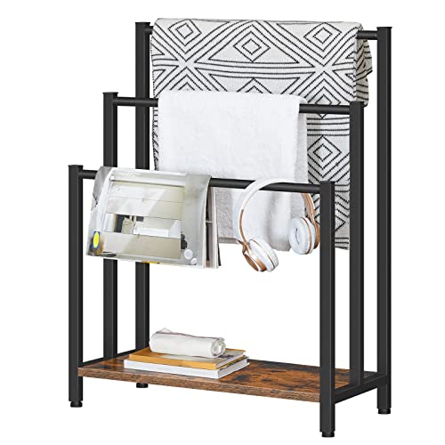 HOOBRO Free Standing Towel Rack, 3 Tier Blanket Rack, Blanket Holder for Bathroom, 23.6" L x 11" W x 31.9" H, Industrial Metal Drying and Display Rack with Shelf, Rustic Brown and Black BF06LB01 - color: Rustic Brown + Black, size: 23.6" L x 11" W x 31.9"