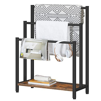 HOOBRO Free Standing Towel Rack, 3 Tier Blanket Rack, Blanket Holder for Bathroom, 23.6" L x 11" W x 31.9" H, Industrial Metal Drying and Display Rack with Shelf, Rustic Brown and Black BF06LB01 - color: Rustic Brown + Black, size: 23.6" L x 11" W x 31.9"