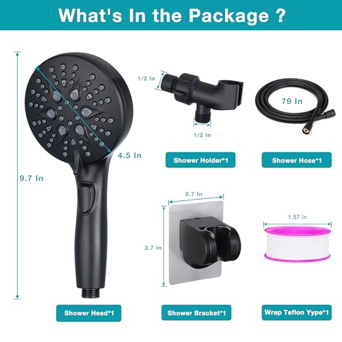 GwernKB Handheld Shower Head with ON OFF Switch & 79in Stainless Steel Hose | Built-in Power Spray,7-Setting High Pressure Spray with Bracket & Extra No Drilling Wall Shower Holder for Lower Mount,Black - color: Matte Black