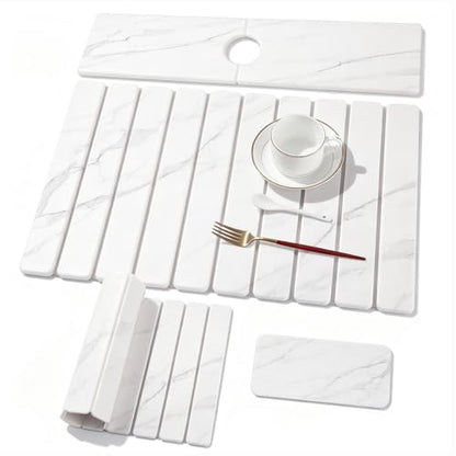 3 Pcs Large Stone Dish Drying Mat for Kitchen Counter Quick Dry Board Pad | Diatomaceous Earth Stone Drying Set With Sink Faucet Drip Catcher And Small Coaster, Super Absorbent Marble Water Tray - color: White Grey Marble