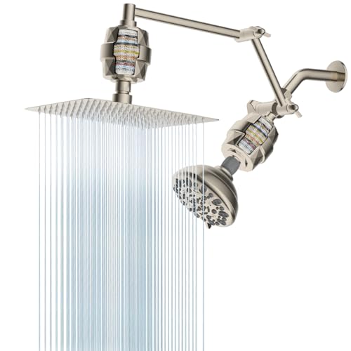 Metal Rain Filtered Shower Head Combo, 10" High Pressure Rainfall/Handheld Shower Head with 7-Setting Fixed Shower, 16" Adjustable Shower Extension Arm, 20 Stages Shower Filter, Brushed Nickel - color: Brushed Nickel, style: Square (with Shower Filter)
