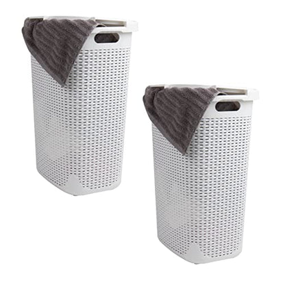 Mind Reader Slim Laundry Hamper with Lid, 60L Tall Clothes Basket, Narrow Tapered Design for Bathrooms, Closets and Laundry Rooms, Plastic, 2 Pack, White - color: White, size: 2-Pack