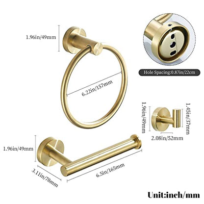Gold Bathroom Hardware, Toilet Paper Holder Towel Ring and Robe Hook Brushed Gold Bathroom Accessories Set Wall Mount 3 Pieces Stainless Steel1