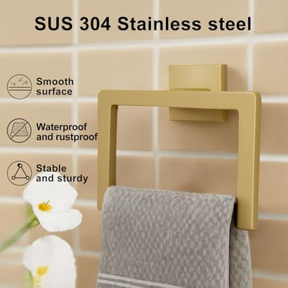 Gold Towel Ring, 2 Pcs | Premium Stainless Steel, Sleek Square Design, Durable Wall-Mounted, Contemporary Bathroom