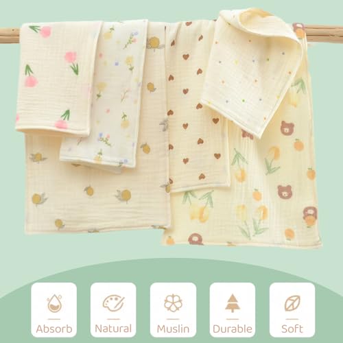 Baby Muslin Washcloths and Burp Cloths, Floral Pattern Cotton Face Towels, Burping Cloths for Newborn,6-Pack,10x20 inches