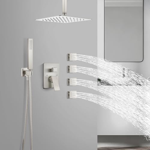 gotonovo Ceiling Shower System with 4pcs Full Body Jets,Brushed Nickel | SUS304 12’’ Rain Shower Head with Handheld Spray,Brass Body Message Jets,Ceiling Mount,Rough-in Valve and Trim Kit,All Metal - color: Nickel
