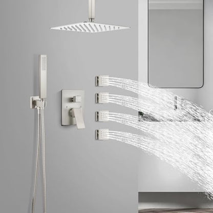 gotonovo Ceiling Shower System with 4pcs Full Body Jets,Brushed Nickel | SUS304 12’’ Rain Shower Head with Handheld Spray,Brass Body Message Jets,Ceiling Mount,Rough-in Valve and Trim Kit,All Metal - color: Nickel