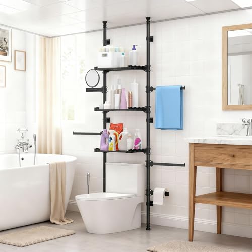 Over Toilet Storage Shelf Bathroom Organizer Rack, Adjustable 4 Tier Carbon Steel Over Toilet Shelf with Rod Structure No Drilling Installation for Small Bathroom (Black)