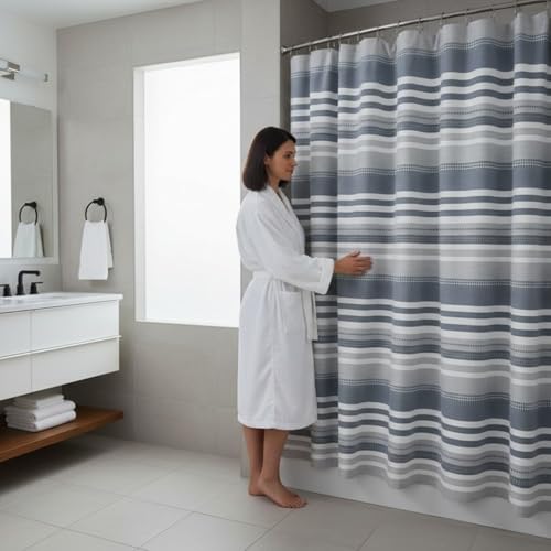Modern Coastal Stripe Shower Curtain, Blue White Gray Thick Cotton, 72x72 | Elegant Modern Nautical Beach Striped Denim White Grey Hotel Feel Fabric, 72" x 72" Luxury Cloth Bathroom Décor - color: Oasis Blue