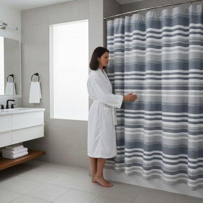 Modern Coastal Stripe Shower Curtain, Blue White Gray Thick Cotton, 72x72 | Elegant Modern Nautical Beach Striped Denim White Grey Hotel Feel Fabric, 72" x 72" Luxury Cloth Bathroom Décor - color: Oasis Blue
