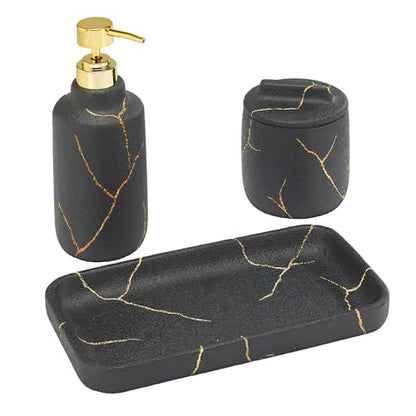 Nicole Miller - Bathroom Set, 3pc Resin Countertop Accessories, Dorm Room Essentials (Sydney Collection, Black/Gold) - size: 3 Pack Accessories